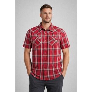 Prana Western Shirt Mens Large Red Plaid Short Sleeve Pearl Snap Organic Cotton